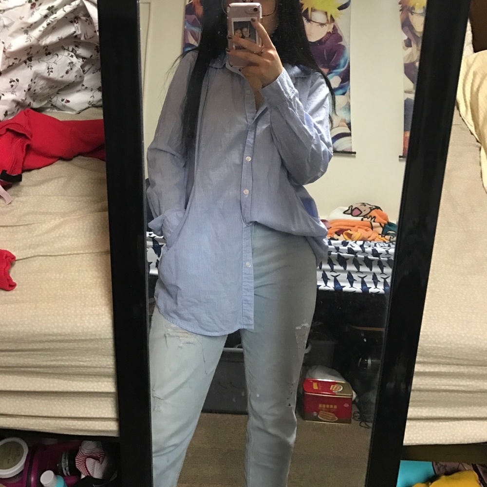 Blue and white pinstriped button down